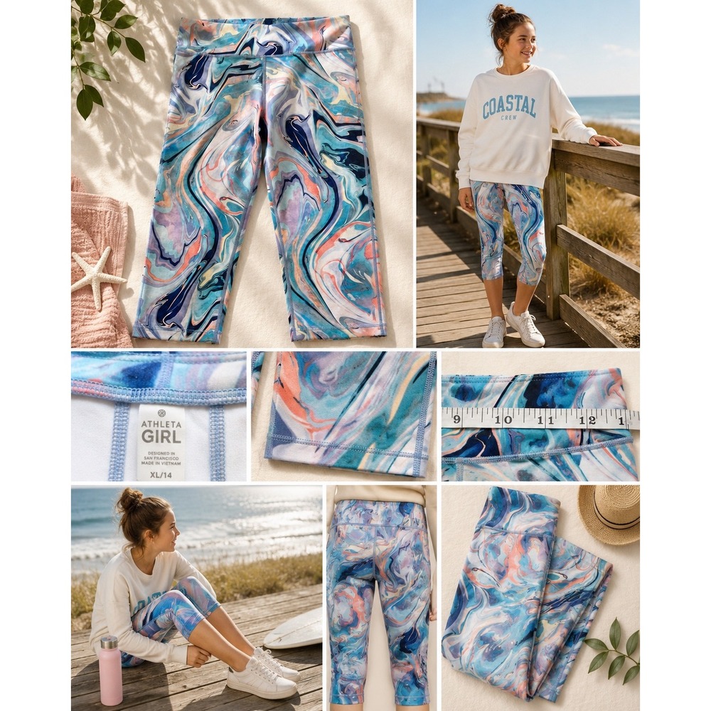 Athleta Girl Printed Chit Chat Capri Leggings XL 14 Blue Marble Swirl Crop Pants